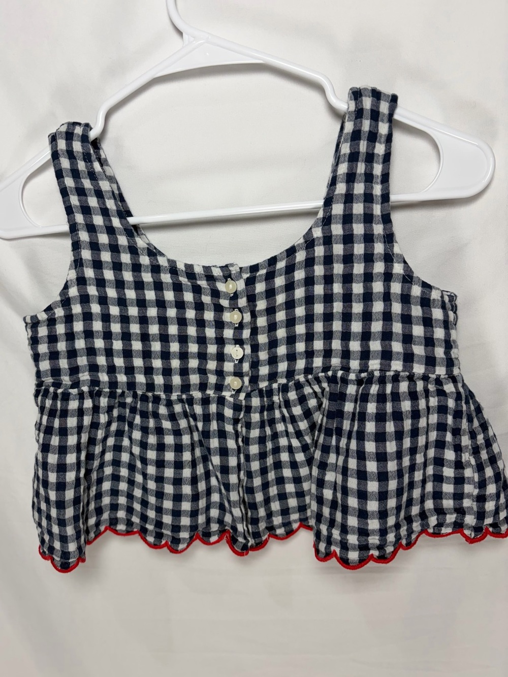 Girls Navy & White Gingham Peplum Tank Top with Red Trim